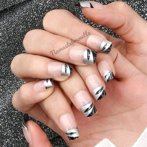 2/$16 Black & Silver French Manicure Press On Nails - Picture 1 of 9